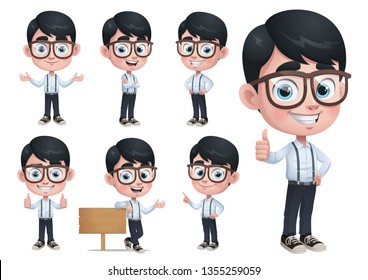 Geek Boy Mascot Character with 7 Poses EPS10 Vektorillustration