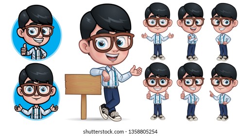 Geek Boy Mascot Character with 7 Poses_EPS 10 Vector