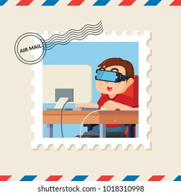 Geek boy postage stamp on air mail envelope