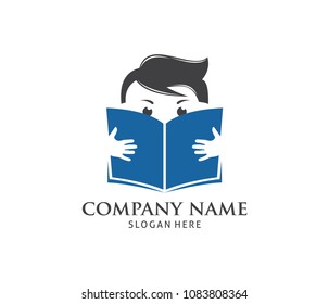 geek boy reading book vector icon logo design template