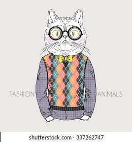 geek cat, fashion animal illustration, anthropomorphic design, furry art, hand drawn illustration 