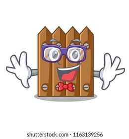 Geek character close up on wooden fence door
