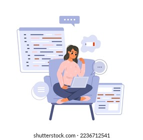 Geek character coding on laptop in chair. Student tired, freelance work on computer. Teen girl learn web development, IT or programming, cartoon vector scene