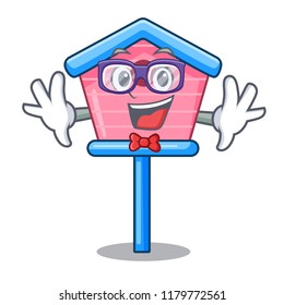 Geek character cute wooden bird house in park