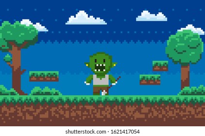 Geek character holding beast, monster with teeth standing on grass, steps and trees outdoor, night adventure map, pixel game, war symbol. Pixelated video-game or app game monster on landscape