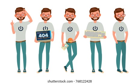 Geek Character Vector. Man. Classic Geek, Nerd. Isolated On White Cartoon Illustration
