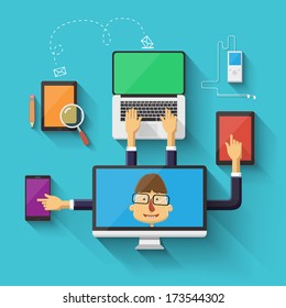 Geek character working on devices. Vector illustration