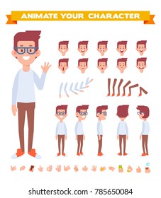 Geek character for your scenes. Character creation set with various views,  face emotions,  poses and gestures. Parts of body for design work and animation.