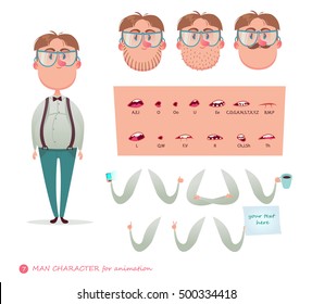 Geek character for your scenes.Parts of body template for design work and animation. Funny cartoon.Vector illustration isolated on white background. Character speaks animations.Man.Wonk.Nerd.Boy