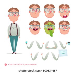 Carácter geek para sus escenas.Partes de plantilla de cuerpo para trabajo de diseño, animación. Graciosa caricatura.Imagen vectorial aislada en fondo blanco. Emotion caras.Emoji caras iconos, símbolos. Hombre.Wonk.Nerd