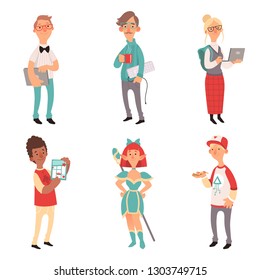 Geek characters. Girl and boys nerd computer technology lovers vector cartoon mascot
