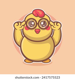 mascota del personaje de un animal de polluelo geek con gesto de reflexión dibujos animados aislados en diseño de estilo plano