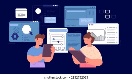 Niños Geek con comprimidos. Programación infantil, codificación moderna para niños y niñas. Desarrollo de web o aplicaciones para estudiantes jóvenes, escena de vector de educación infantil
