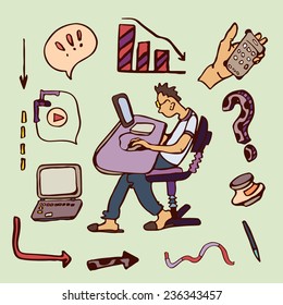 Geek at a computer desk. Programmer. Frustrated Gamer. In this vector are: question mark, headphones, computer, exclamation mark, arrows,hand with mobile phone. This is a mobile tech vector sketch