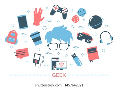 Geek concept. Idea of nerd character and computer game mania. Joystick and book, gadget and planet. Collection of colorful icons. Isolated flat vector illustration