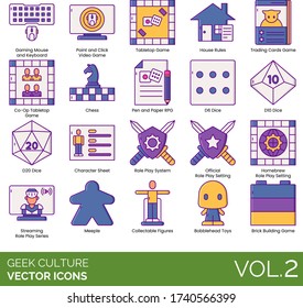 Geek culture icons including gaming mouse and keyboard, point and click videogame, tabletop, house rules, trading card, co-op, chess, pen and paper RPG, dice, character sheet, role play system, meeple