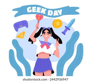 Afiche del día del friki. Mujer en traje de anime con gamepad y espada, diamante y moneda de oro. Entretenimiento y ocio. Fiesta y festival internacional. Ilustración de vector plano de dibujos animados