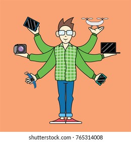 Geek with electronic devices and gadgets on his hands