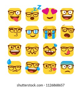 Geek emoji with glasses. Isolated vector Illustration. Flat style