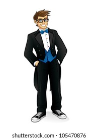 geek executives are standing casually by wearing tuxedo, bow tie and sneakers