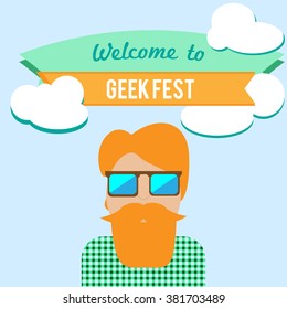 Geek fest flier with hipster character in sunglasses