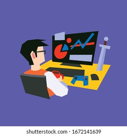 geek or game developer sitting in front of pc monitor with analytics or other gamedev stuff with gamepad, sword, cup of coffee and working