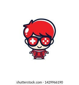 GEEK GAMER MASCOT RED VERSION DESIGN VECTOR LOGO.