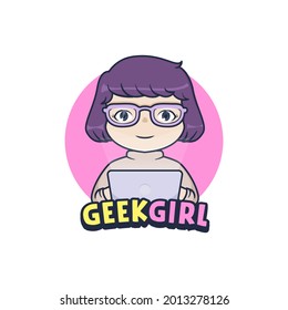 Geek girl in front of laptop, logo mascot design