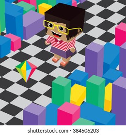 geek girl  invasion video game asset - isometric block cartoon world