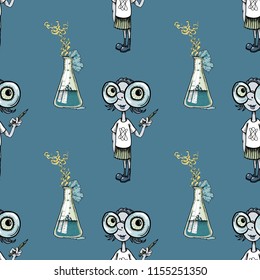 geek girl and scientific experiment seamless pattern