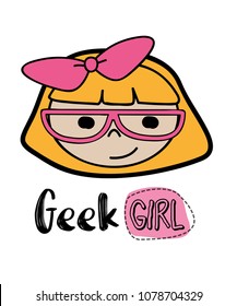 Geek girl vector design / Geek woman logo with pink glasses 