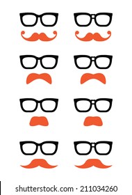 Geek glasses and ginger moustache or mustache vector icons