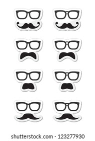 Geek glasses and moustache or mustache vector labels