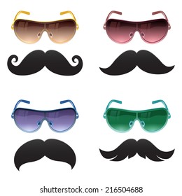 Geek glasses and moustache or mustache vector icons