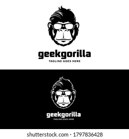 Geek Gorilla Logo - Smart Monkey Mascot - Ape Character Vector Illustration