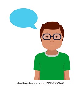 Geek in green t-shirt and blank speech balloon. Vector illustration.