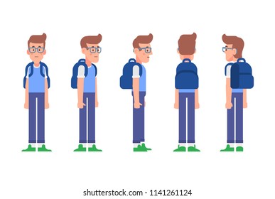 Geek Guy constructor. Front, side, back, 3/4 view animated character. Flat vector illustration.
