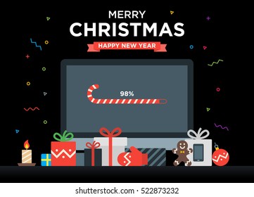 Geek Happy New Year And Christmas Card With Abstract Loading Bar On Computer, Gifts, Candy, Candle And Holiday Objects. Material Design Vector Illustration