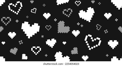 Geek hearts for Valentine's Day seamless pattern. Pixel hearts background in retro video game style. Vector template