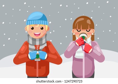 Geek hipster couple winter hot drink coffee tea young man cup flat design vector illustration