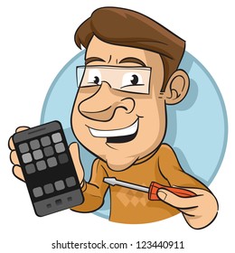 Geek holding mobile phone or cellphone and screwdriver on his other hand.