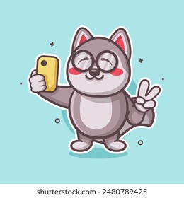 geek husky dog animal character mascot taking a selfie with a smartphone isolated cartoon