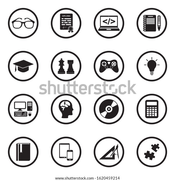 Geek Icons. Black Flat Design In Circle.\
Vector Illustration.