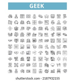 Geek icons, line symbols, web signs, vector set, isolated illustration