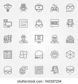 Geek icons set. Vector nerd and geek concept signs or logo elements in thin line style