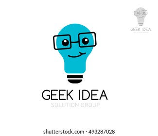 Geek idea logo template. Light bulb in glasses. Vector illustration. Concept for education application, creative business, schools, internet stores, develop firms and other.