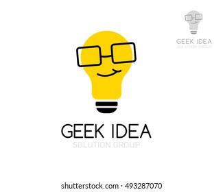 Geek idea logo template. Light bulb in glasses. Vector illustration. Concept for education application, creative business, schools, internet stores, develop firms and other.