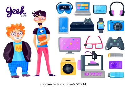 Geek life accessories cartoon icons set with 2 nerd characters gadgets loudspeaker smart watch glasses isolated vector illustration 