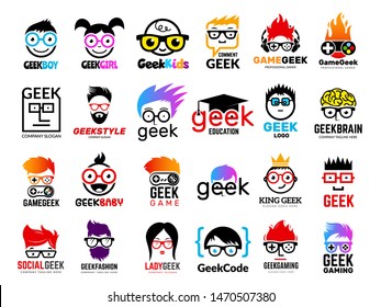 Geek Logo. Business-Badges Symbole von Gamern Nerd smart Charaktere leicht zu lernen Gesicht mit Brille Vektorgrafik. Illustration von Nerd- und Geek-Mann in Gläsern, geniales Kreativitätslogo