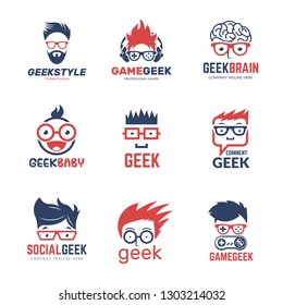 Logo geek. Identidad empresarial de programadores inteligentes pensando en la educación de computación nerd plantilla de diseño vectorial